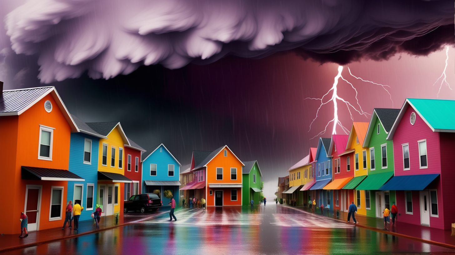 big storm hitting a colorful town. People are worried.