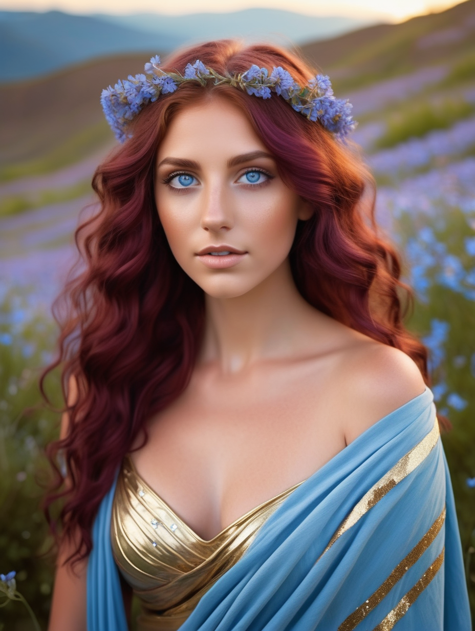 a very beautiful woman
wavy maroon hair
a heart shaped face
olive colored eyes
in a valley of flowers
wearing a sparkly blue toga
greek goddess 
