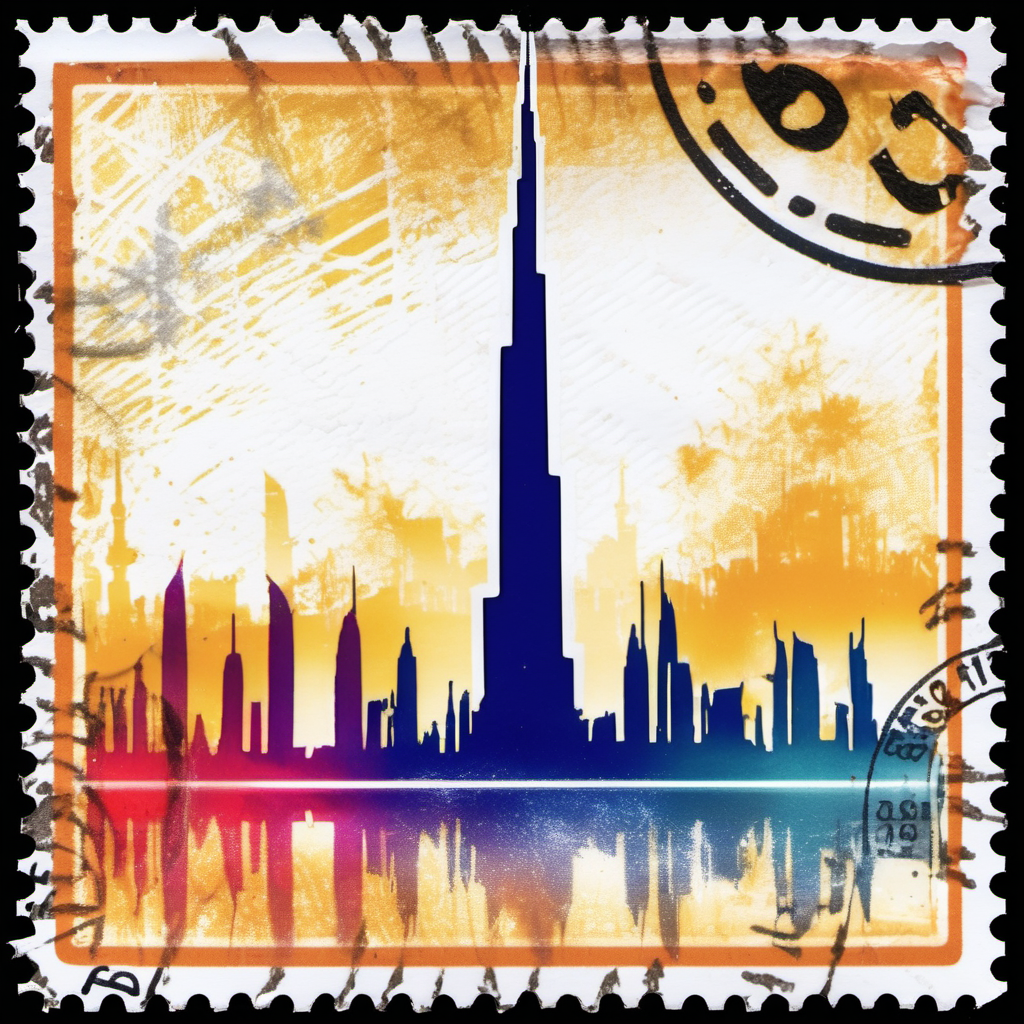stamp with the Burj Khalifa Dubai abstract colourful