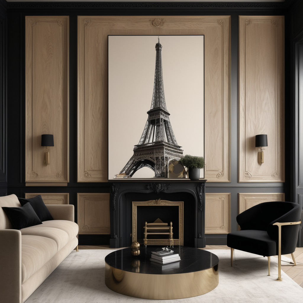 a hyperrealistic image of a  Modern Parisian in a beige oak brass and black colour palette