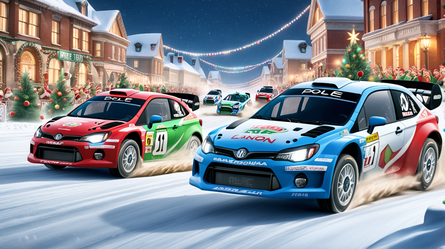 rally cars racing in the North Pole, with christmas lights, while elves cheer them on