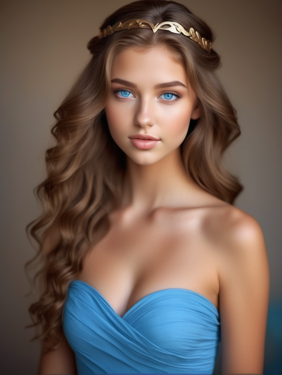 a very beautiful greek goddess light brown hair half up heart shaped face blue eyes wearing a tight strapless dress