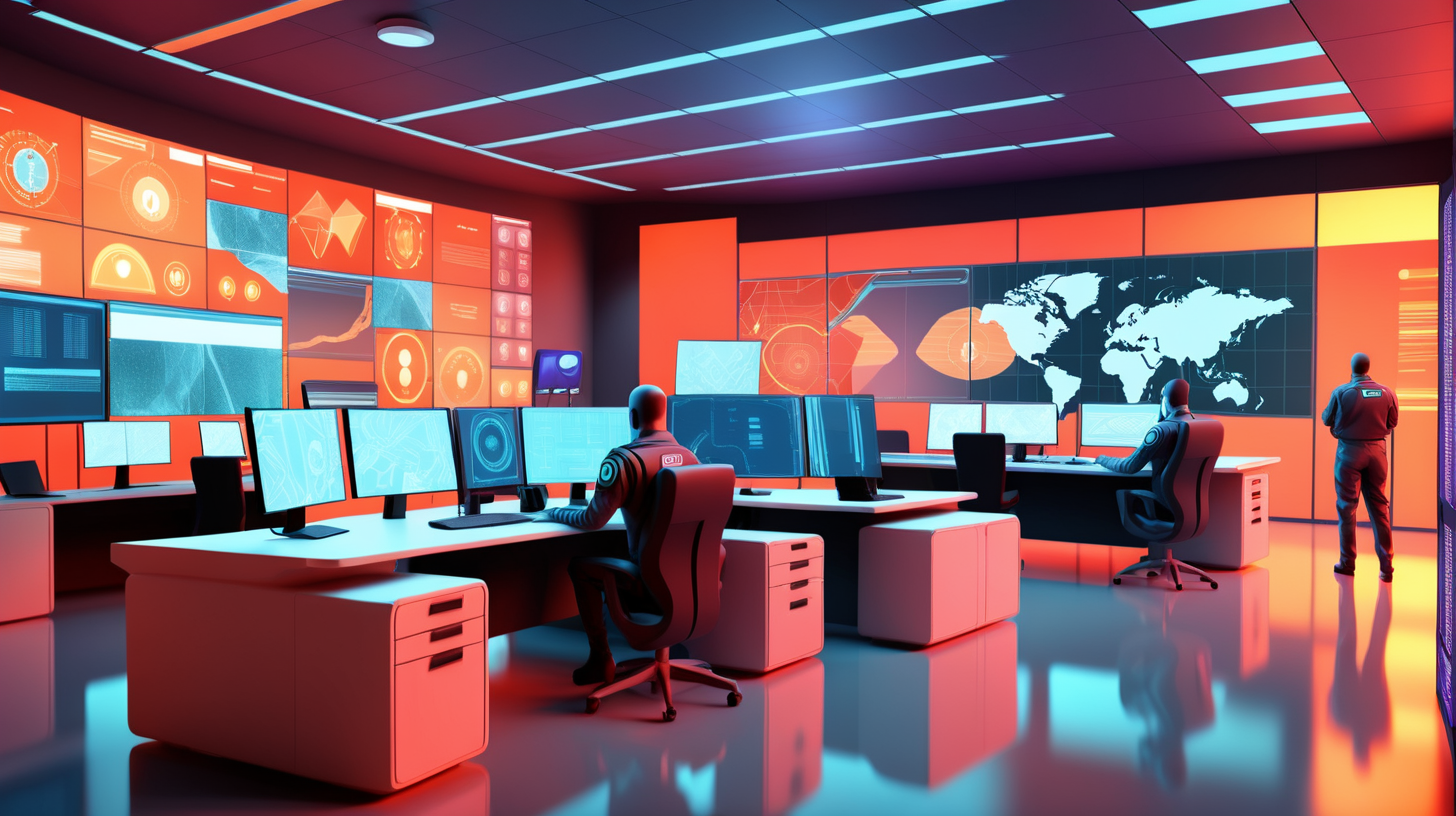 security operations center from the future with vivid warm colors