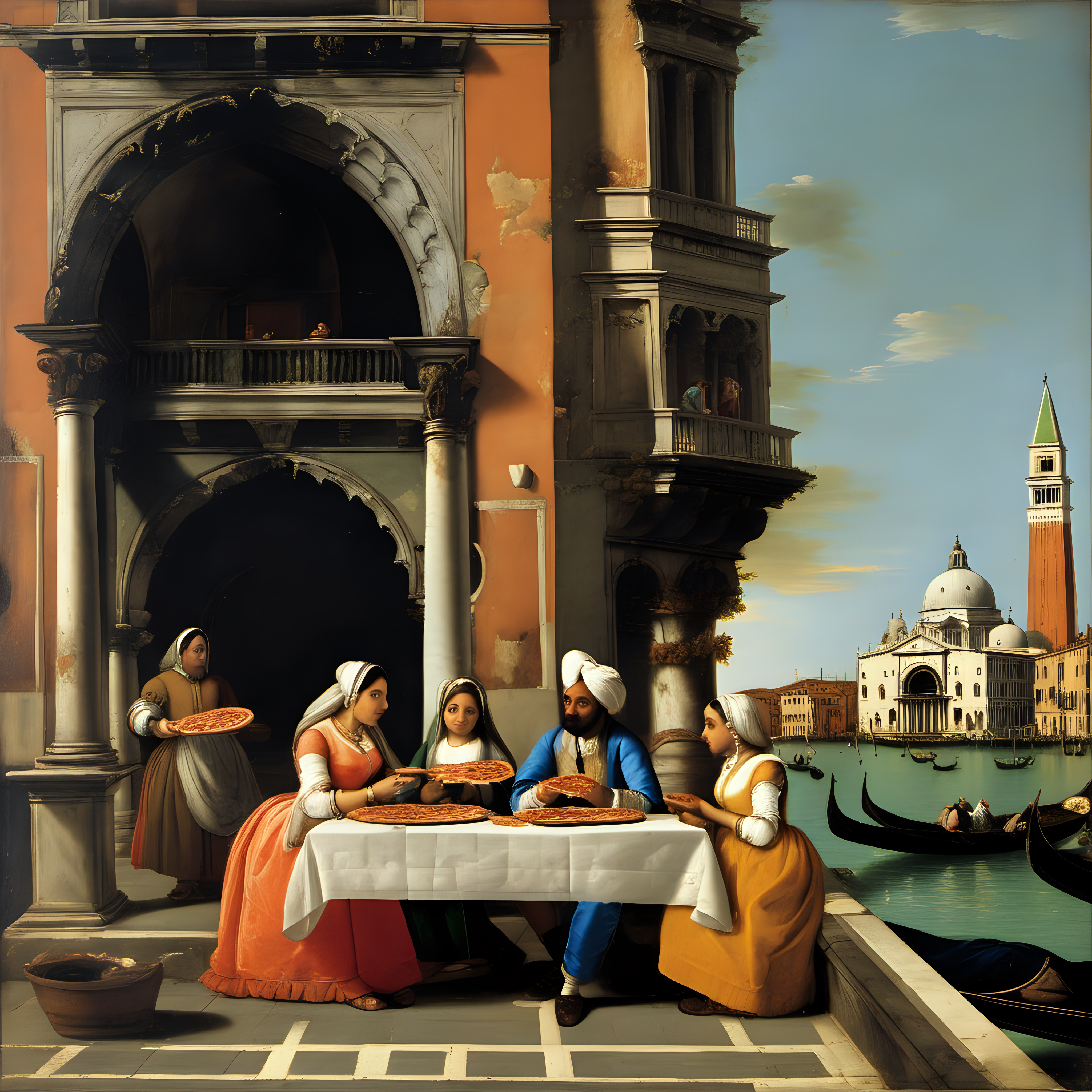 Indian parents and their two daughters eating pizza in Venice, Giovanni Antonio Canal (Canaletto) oil painting