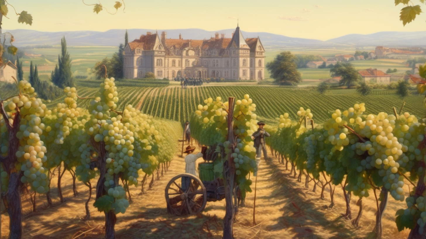 Un champs de vigne avec des  vendengeurs année 1900, un manoir au loin en arrière plan , au premier plan des grappes de raisin sur les pieds de vignes
