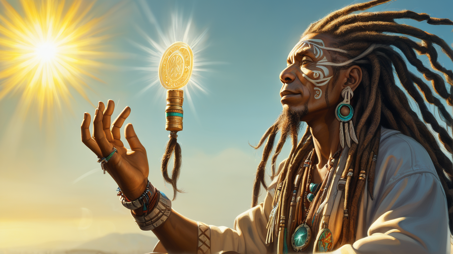 Shaman alchemist, with dreadlocks, shining in sunlight, 