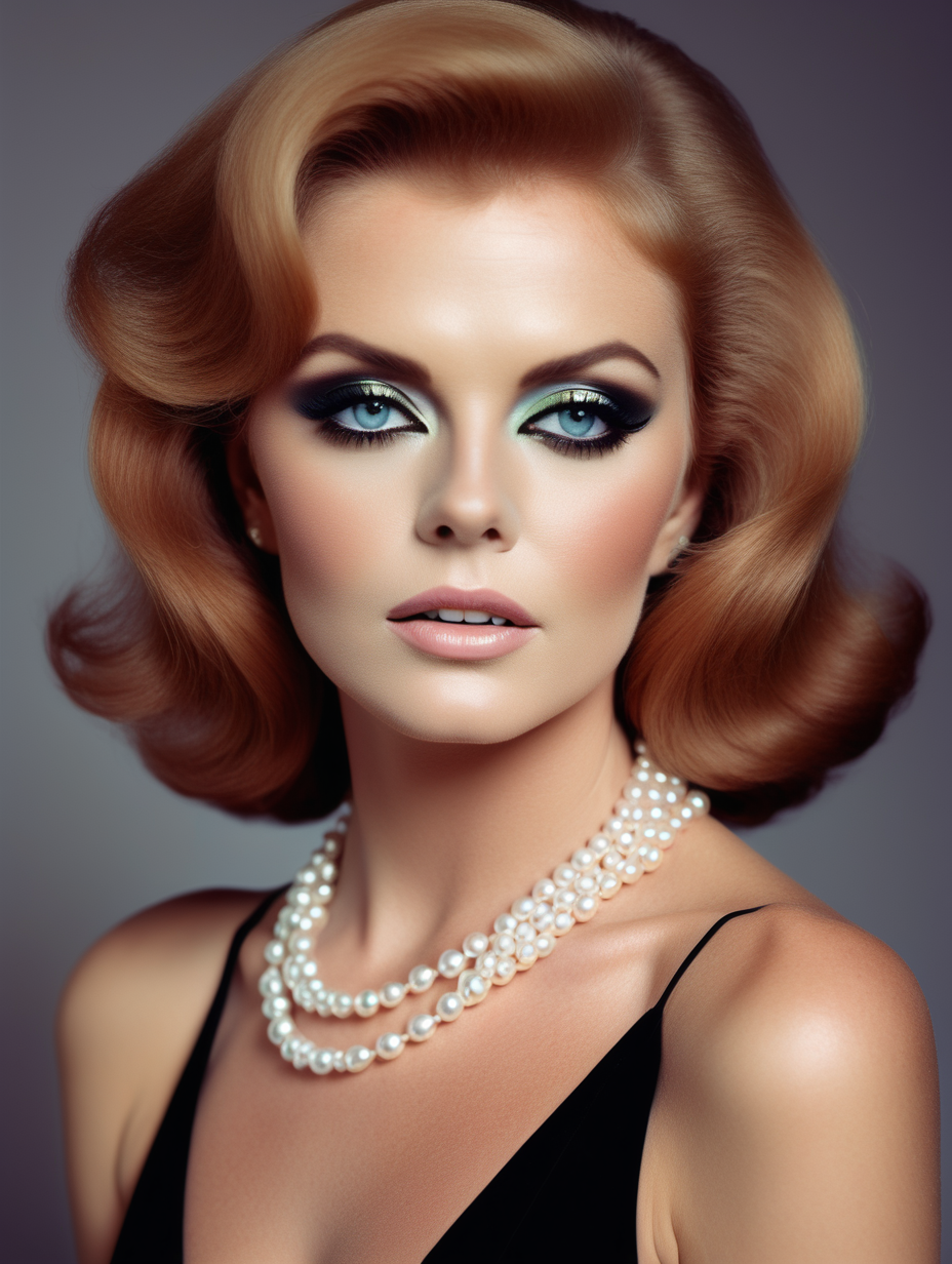 a close up of a nude woman with a black dress and a pearl necklace, perfect colorful eye shadows, inspired by Ann Margaret, perfect body face and hands, profile picture, images on the sales website, beautiful android woman, muted colour