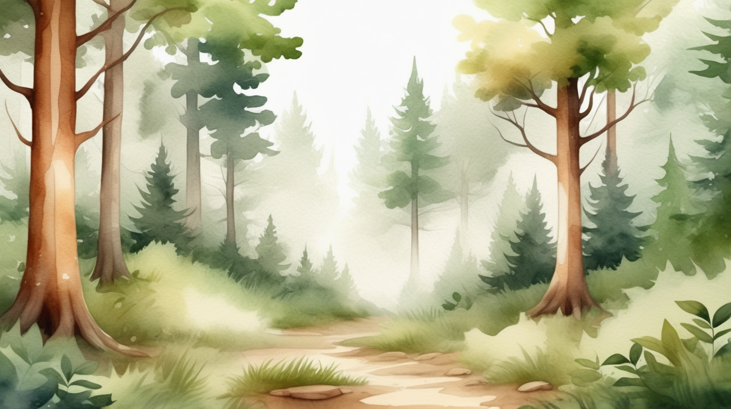 Vytvoř realistickou ilustraci_lesní pozadí,hustější les
_akvarel styl