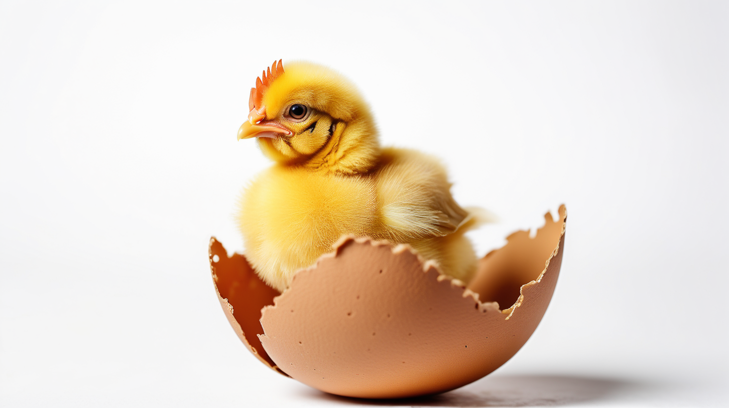 small yellow chicken in a brown egg shell on a white background, copy space