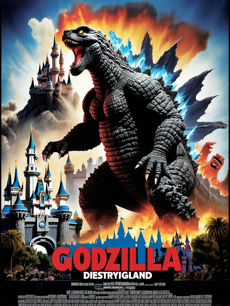 Movie poster of Godzilla destroying Disneyland
