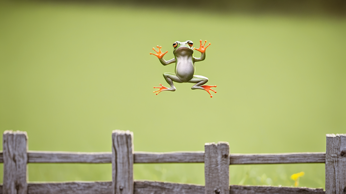 frog jumping over a fence