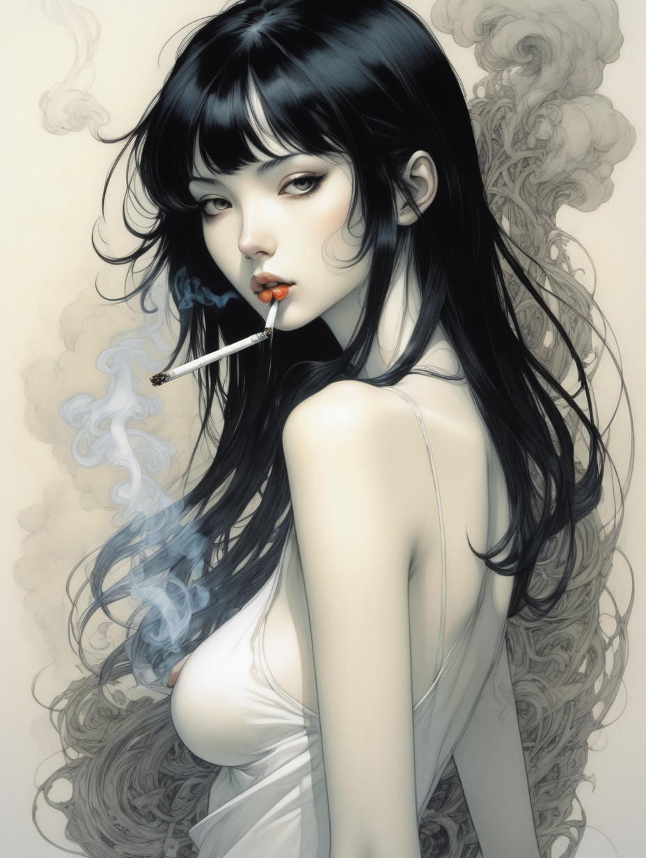 Chica,pelo negro , pálida, delgada, está fumando , mira al espectador , tiene una mirada sensual y pasiva . El estilo artístico del dibujo es de Amano