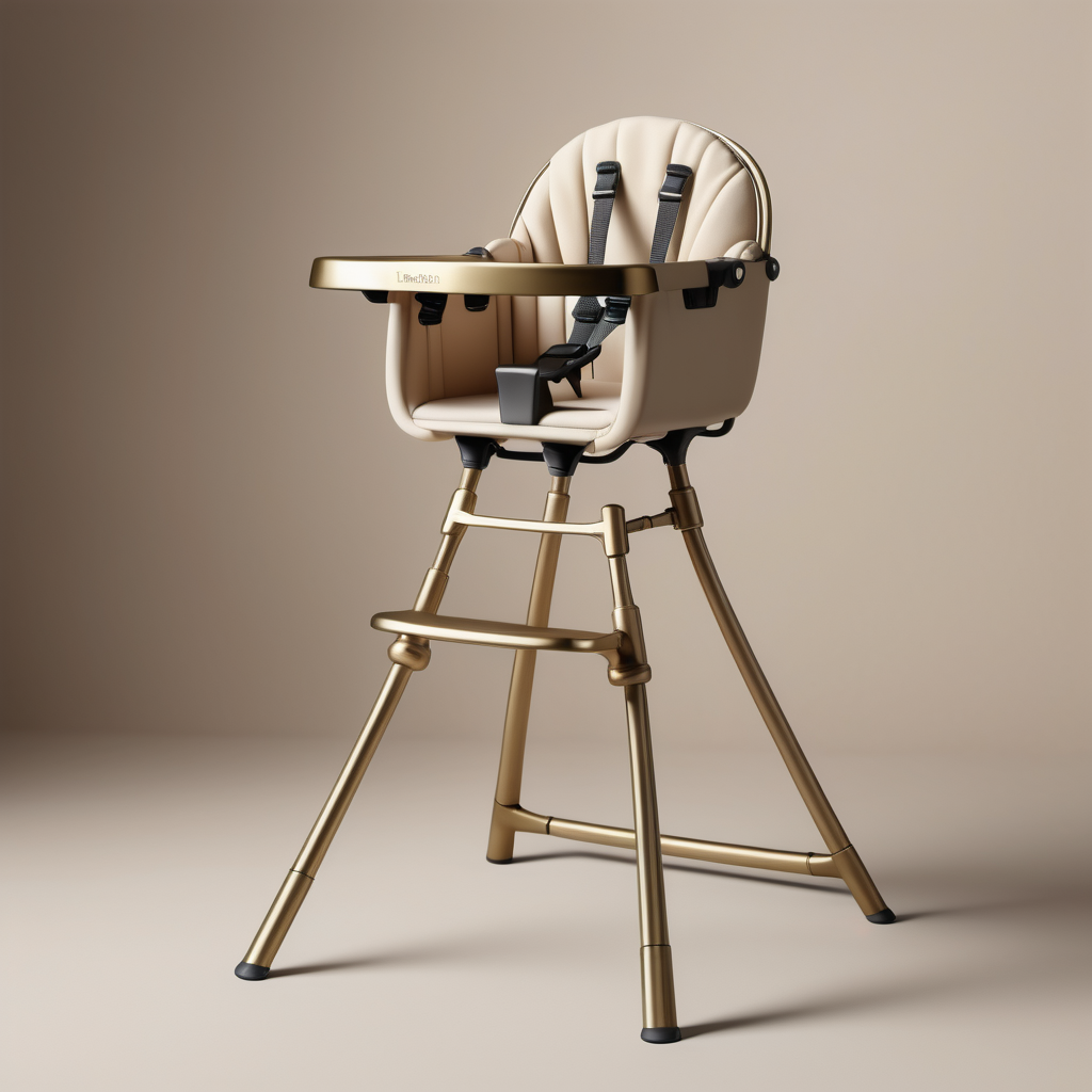 a hyperrealistic image of a modern Parisian baby highchair; beige, brass colour palette