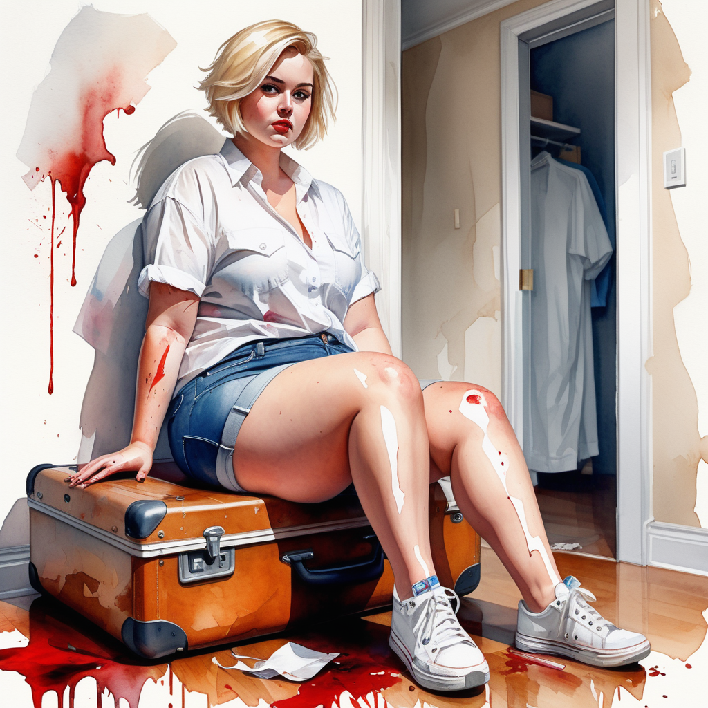 sexy curvy blonde woman, short hair, wide hips and big ass, white shirt, denim shorts and sneakers on her feet, with a knife in her blood-stained hand, sitting with her legs open on top of a large suitcase lying on the floor of a living room in a house, image based in watercolor paint.