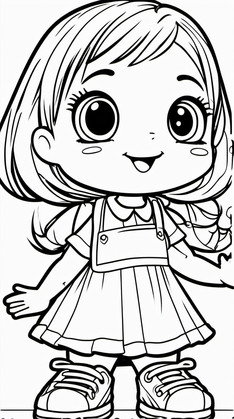 Little girl playing with a toy very happy. Coloring page for toddlers, basic cartoon, kawaii style, black and white, ink lines, smooth, anime style, simple, cute eyes, full body, white shoes, sketchbook, realistic drawing, free lines, on paper, character, art Clean, highly detailed line with no shadows