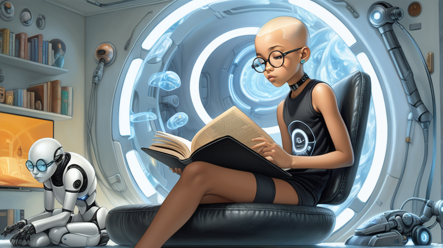 Maintain the same mixed-race girl as previous image with a bleach blond SHAVED head, wearing large futuristic black-rimmed circular glasses, 12 years old. She's sitting on a floating seat.  She has a visible neural link with a light on the side of her forehead. Her eyes are closed as she downloads a book. In the background robots are cleaning her apartment. 