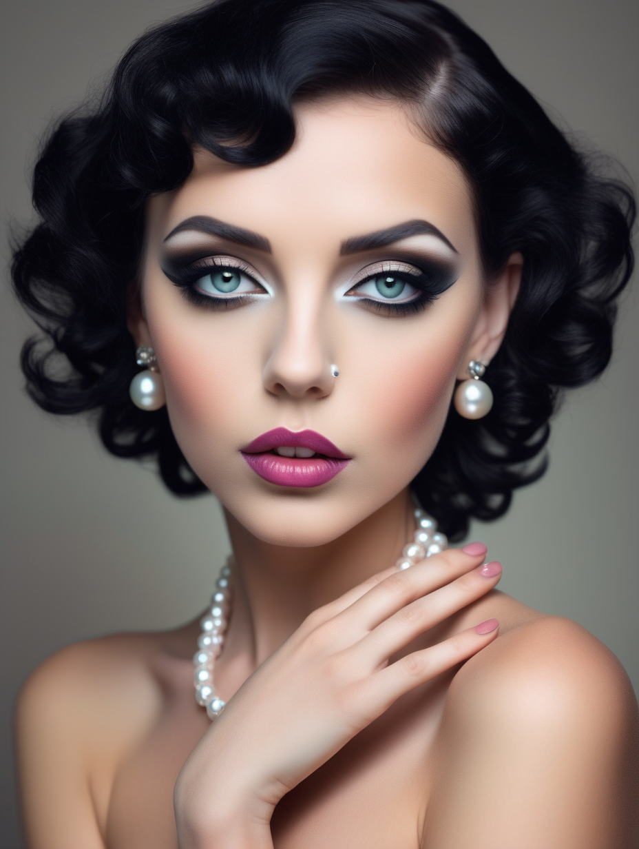 a close up of a nude woman with a black dress and a pearl necklace, perfect colorful eye shadows, inspired by BETTY BOOP, perfect body face and hands, profile picture, images on the sales website, beautiful android woman, muted colour