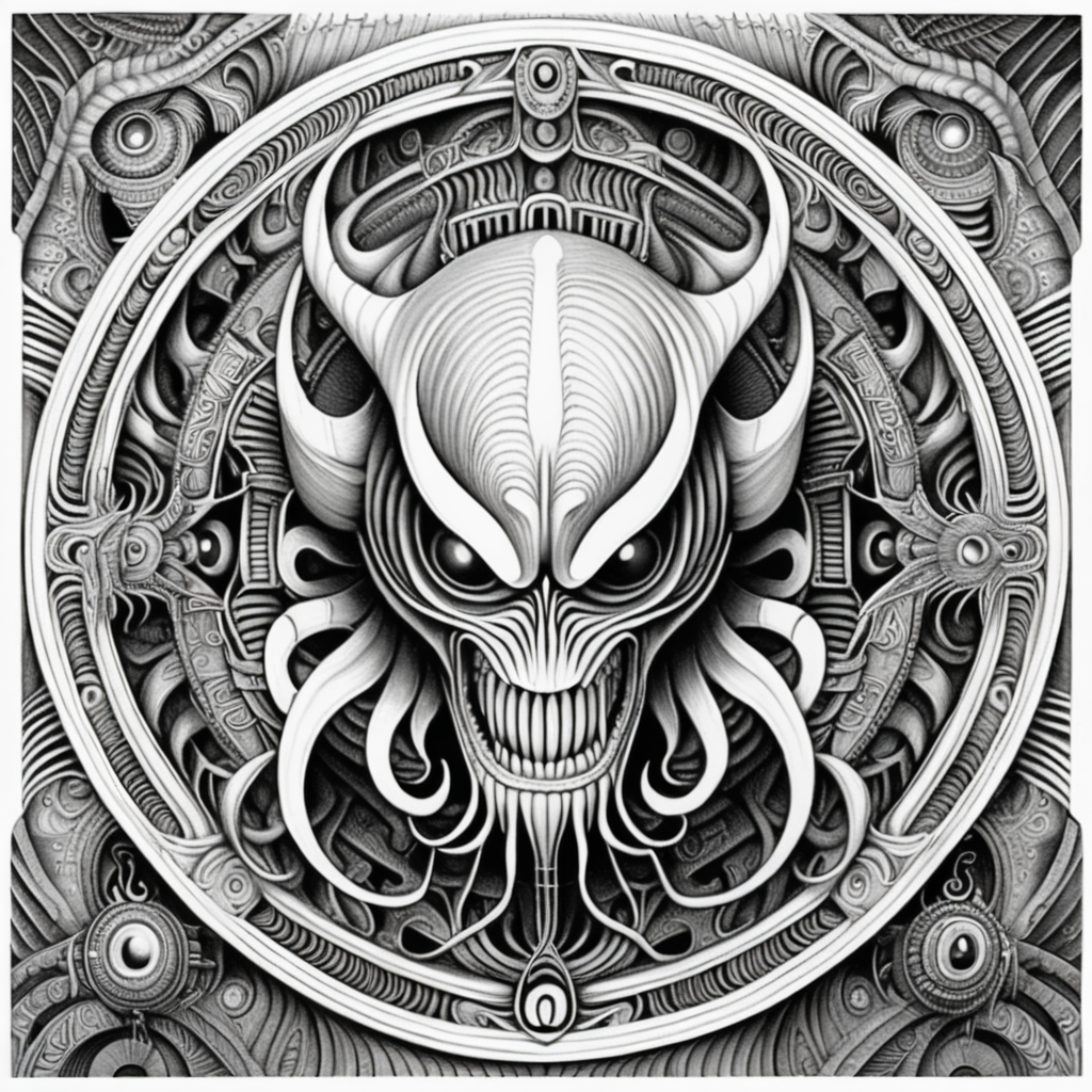 black & white, coloring page, high details, symmetrical mandala, strong lines, eye beast in style of H.R Giger
