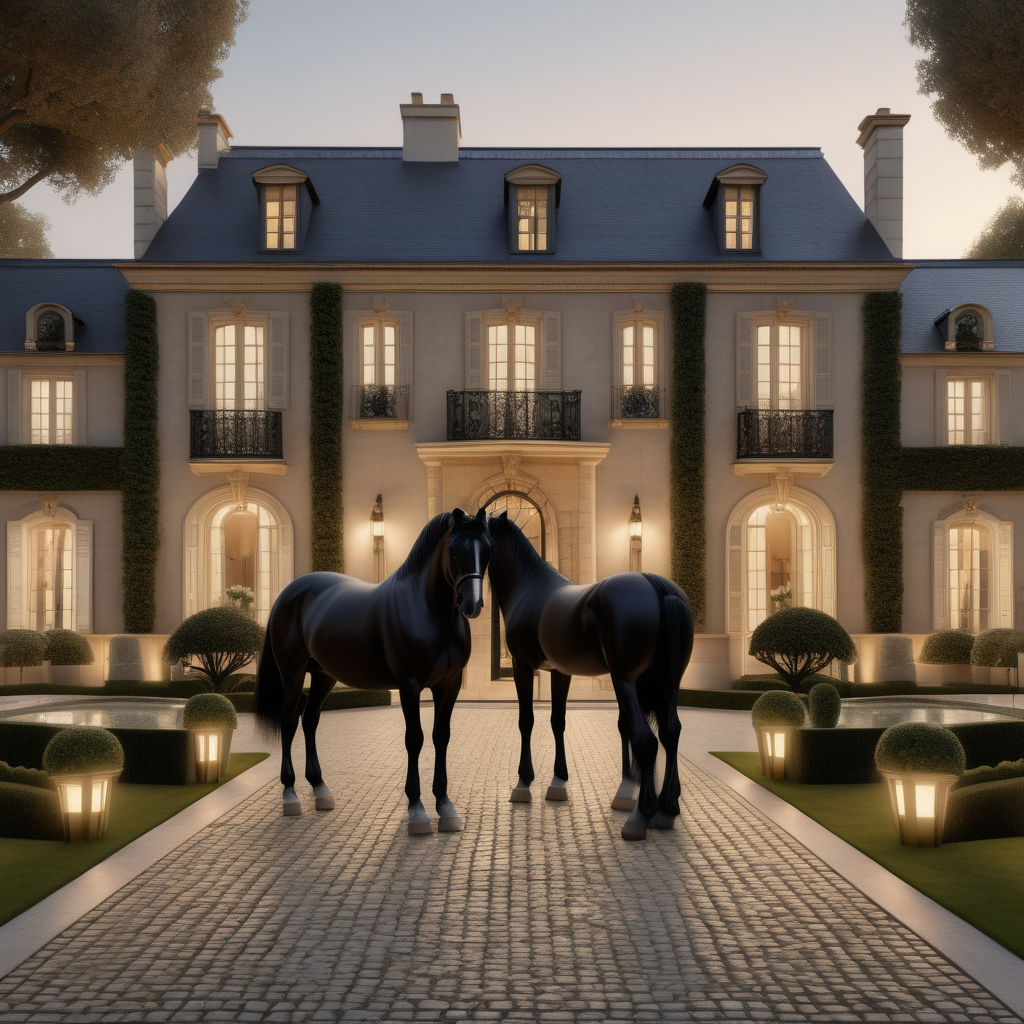 a hyperrealistic of an elegant Modern Parisian estate home grand horse pen at dusk with mood lighting, surrounded by  the manicured gardens and cobblestone paths, with 3 clydesdale horses, in a beige oak brass and black colour palette 

