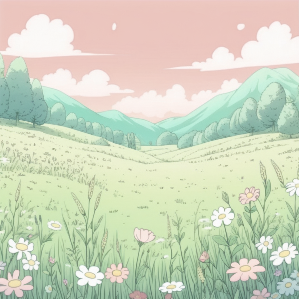 cute meadow background, hand drawn, anime, lofi, pastel