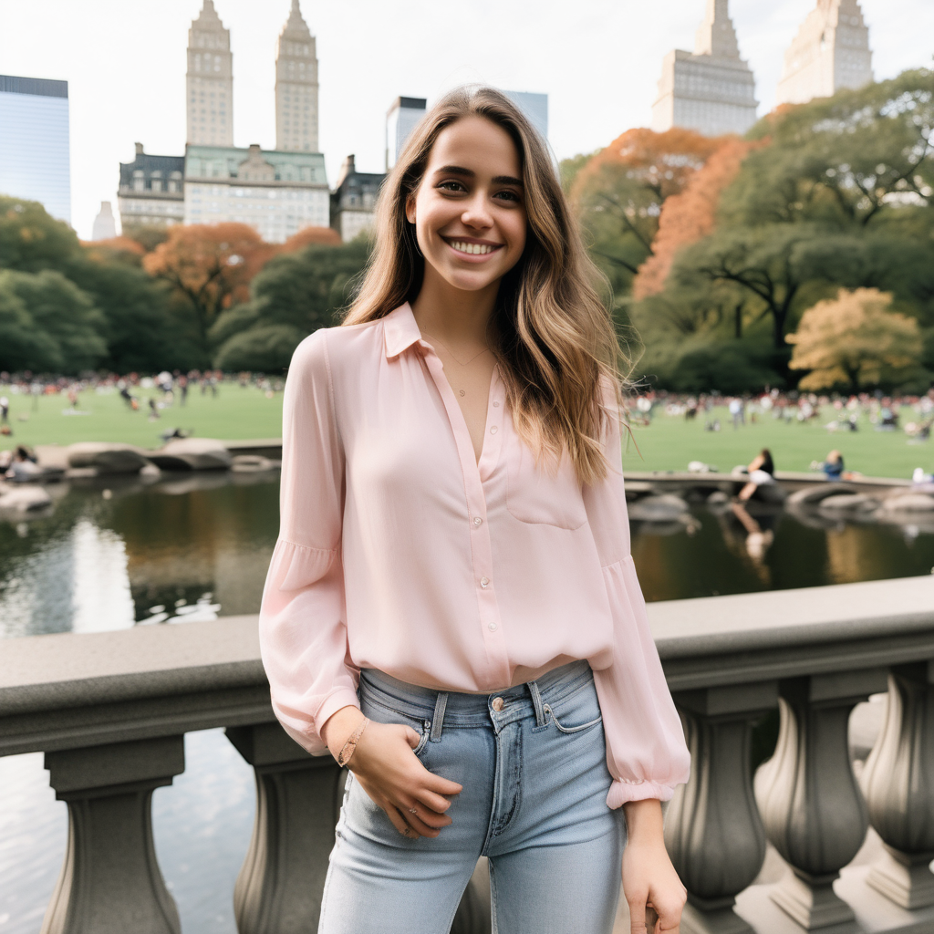 A smiling Emily Feld dressed in a long, light pink blouse and jeans standing in Central Park New York