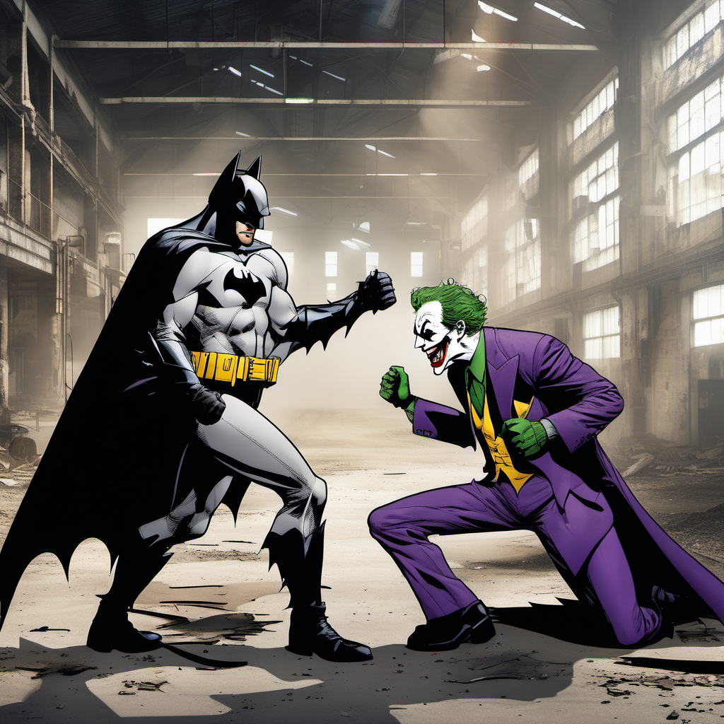 Batman fights the joker in an abandon factory