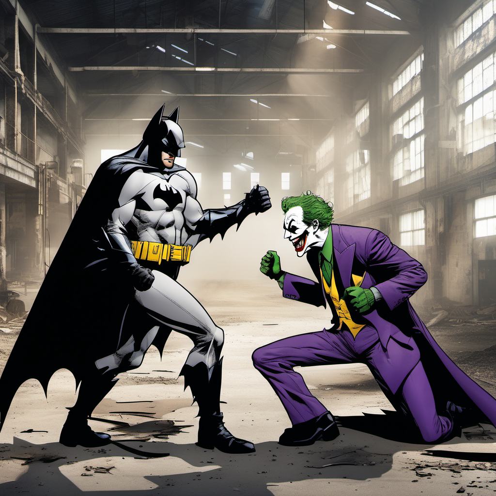 Batman fights the joker in an abandoned factory