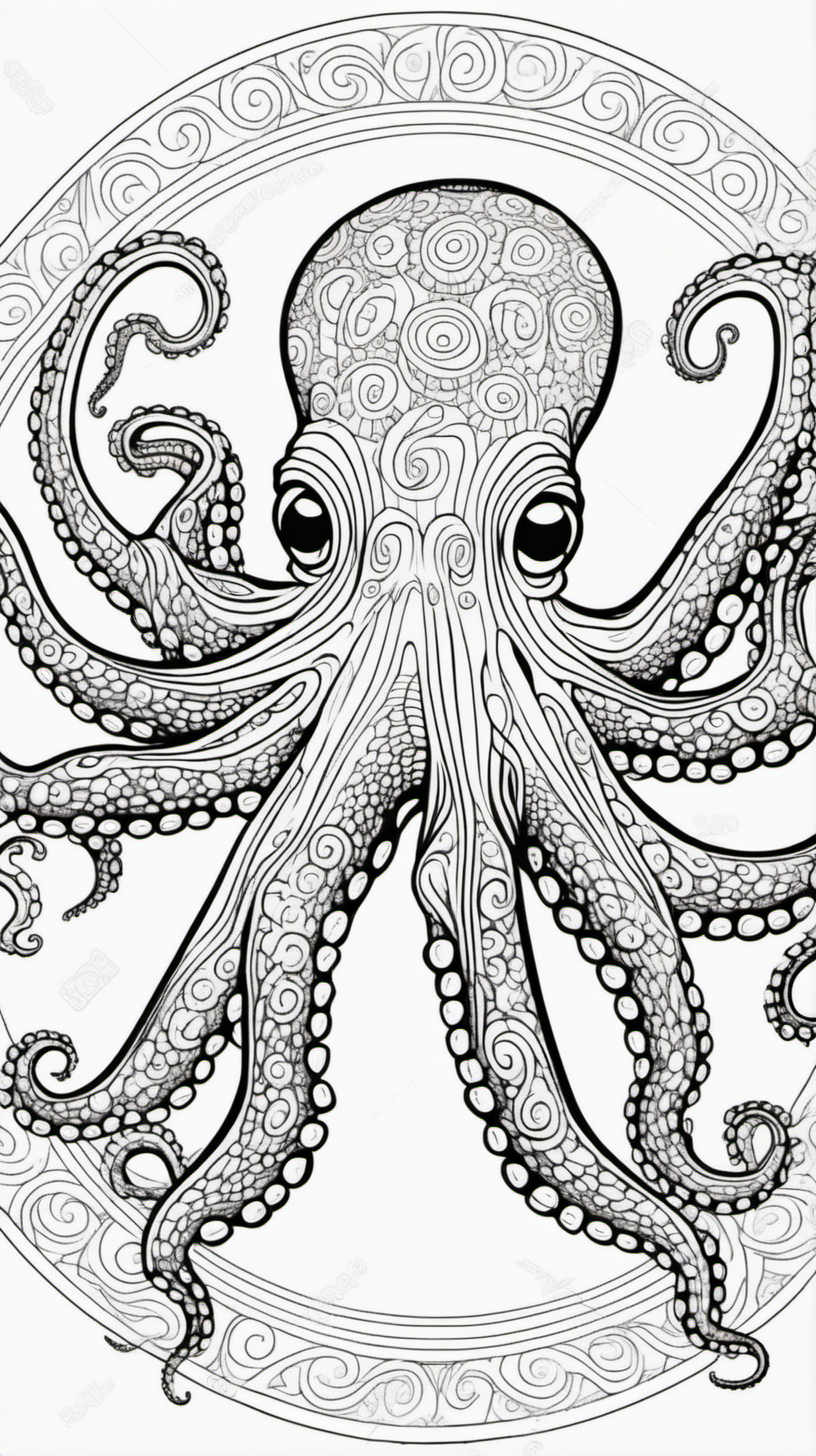 octopus, mandala background, coloring book page, clean line art