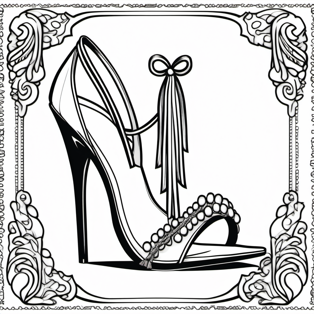 sleek stiletto shoes featuring the bottom of a flowing gown with tassels on the hem, clean colouring book page, no dither, no gradient, strong outline, no fill, no solids, vector illustration, -ar 9:11 - v 5