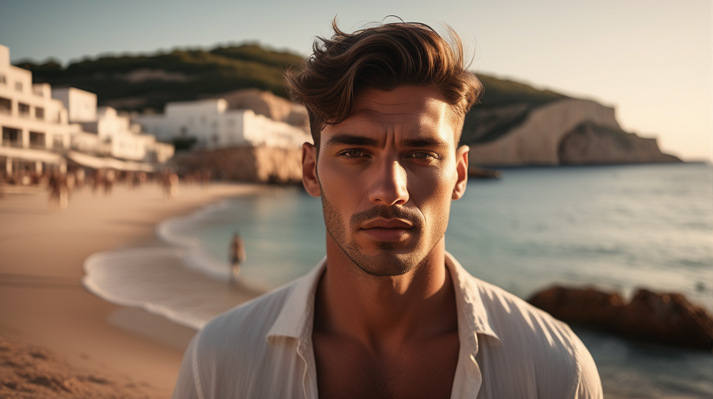 Chill-out, super realistic, ibiza, beach, handsome man. The lighting in the portrait should be dramatic. Sharp focus. A ultrarealistic perfect example of cinematic shot. Use muted colors to add to the scene