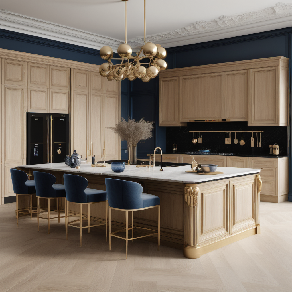 A hyperrealistic image of a luxurious, grand  modern Parisian kitchen with island in a beige oak brass colour palette with accents of black and muted blue