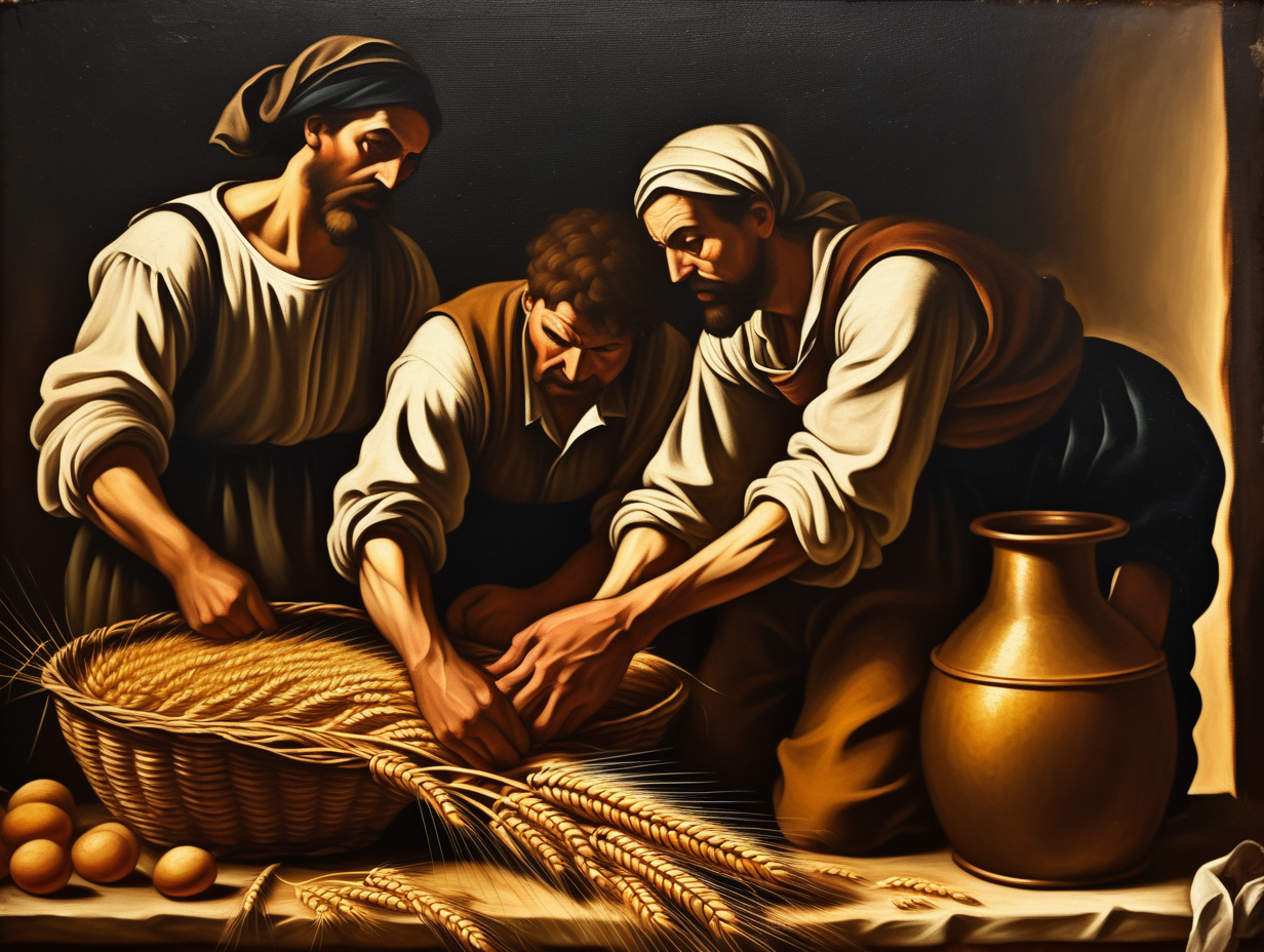 Peinture à l'huile sur toile vieillie, scène paysanne de moisson du blé type Caravage, avec clair obscure, peinture à l'huile