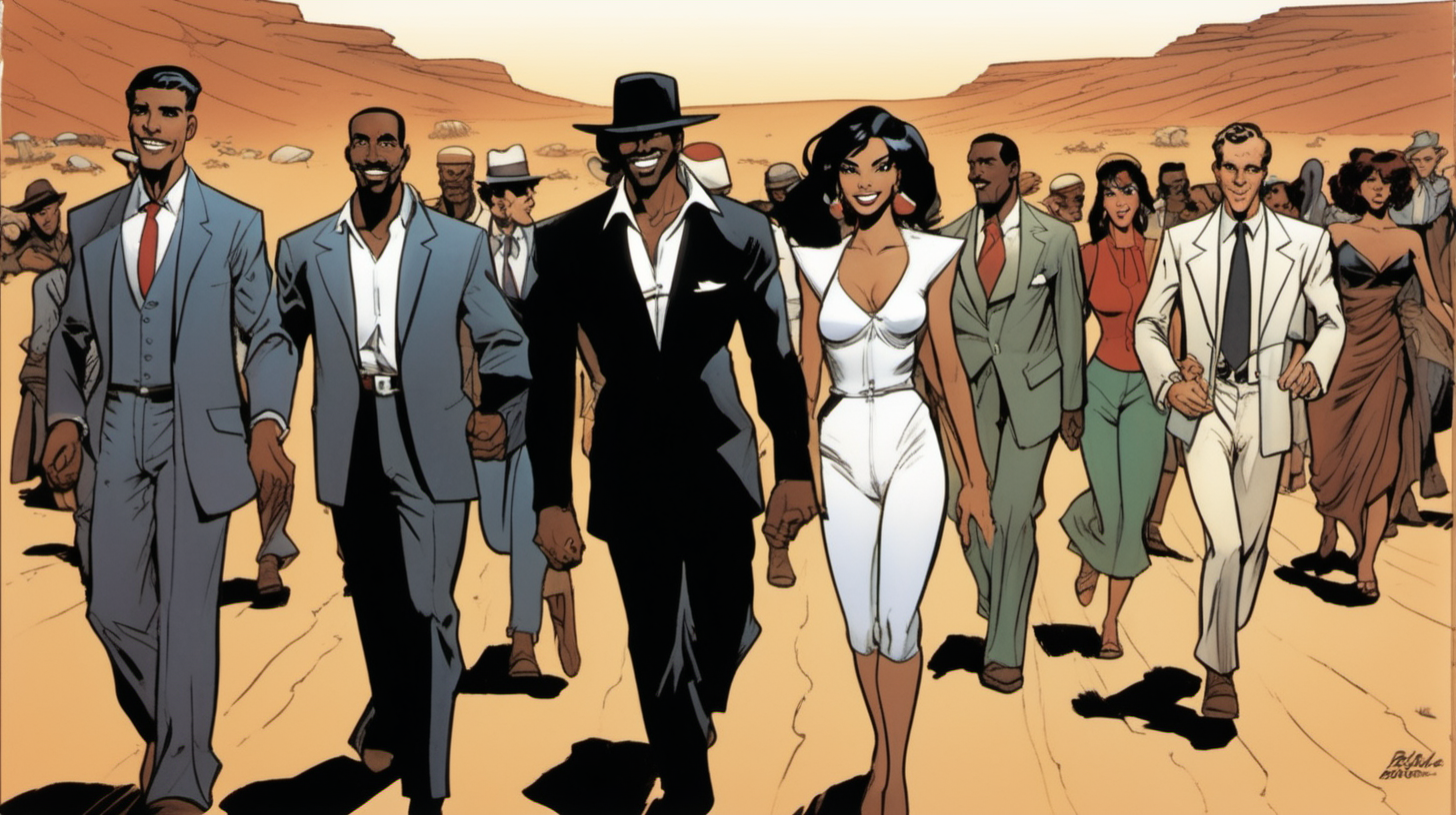 three black & spanish men with a smile leading a group of gorgeous and ethereal white,spanish, & black mixed men & women with earthy skin, walking in a desert with his colleagues, in full American suit, followed by a group of people in the art style of bruce timm comic book drawing, illustration, rule of thirds