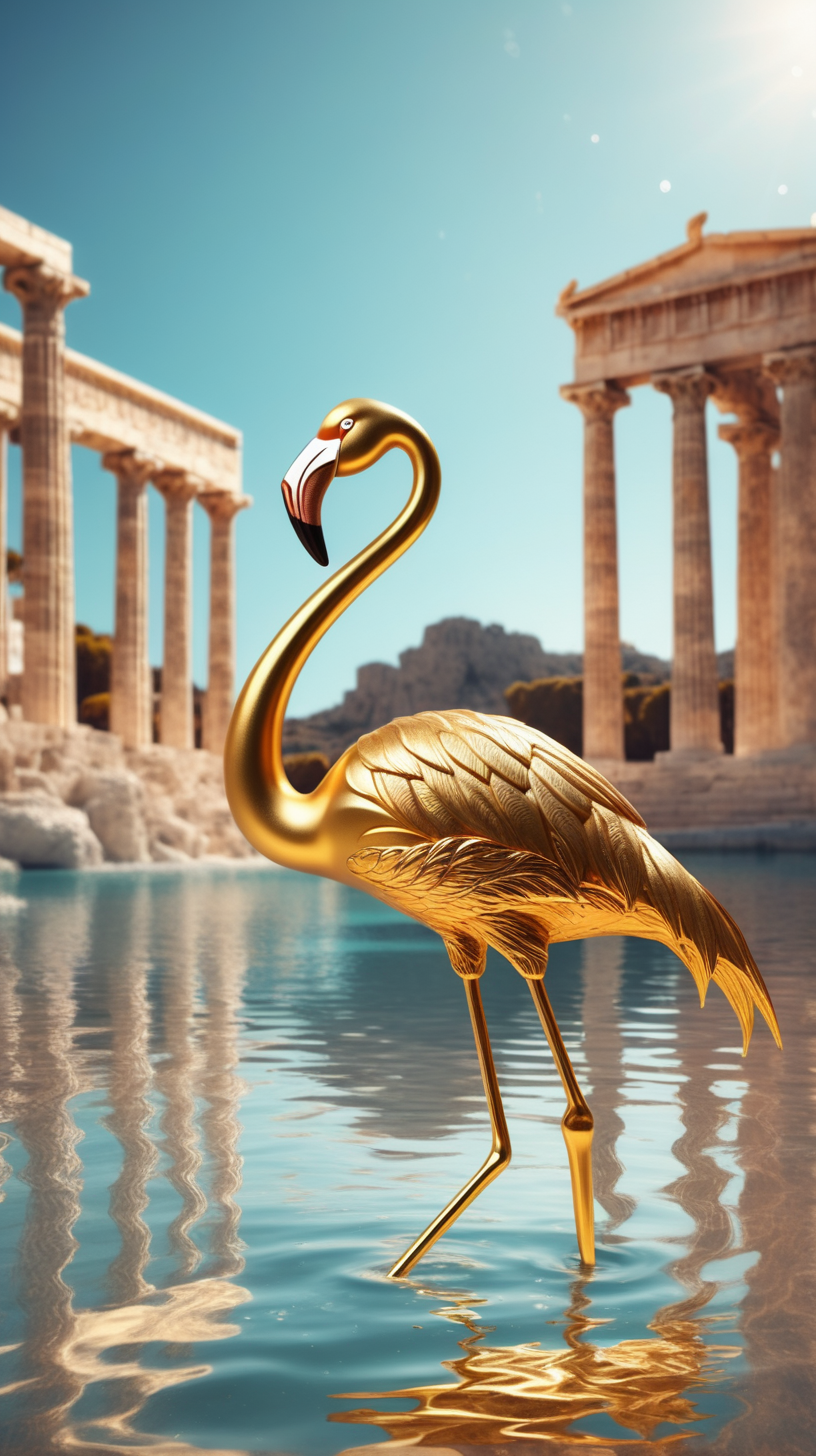 a Gold flamingo in the water. Fantasy beach. Greek temples on the background. 

