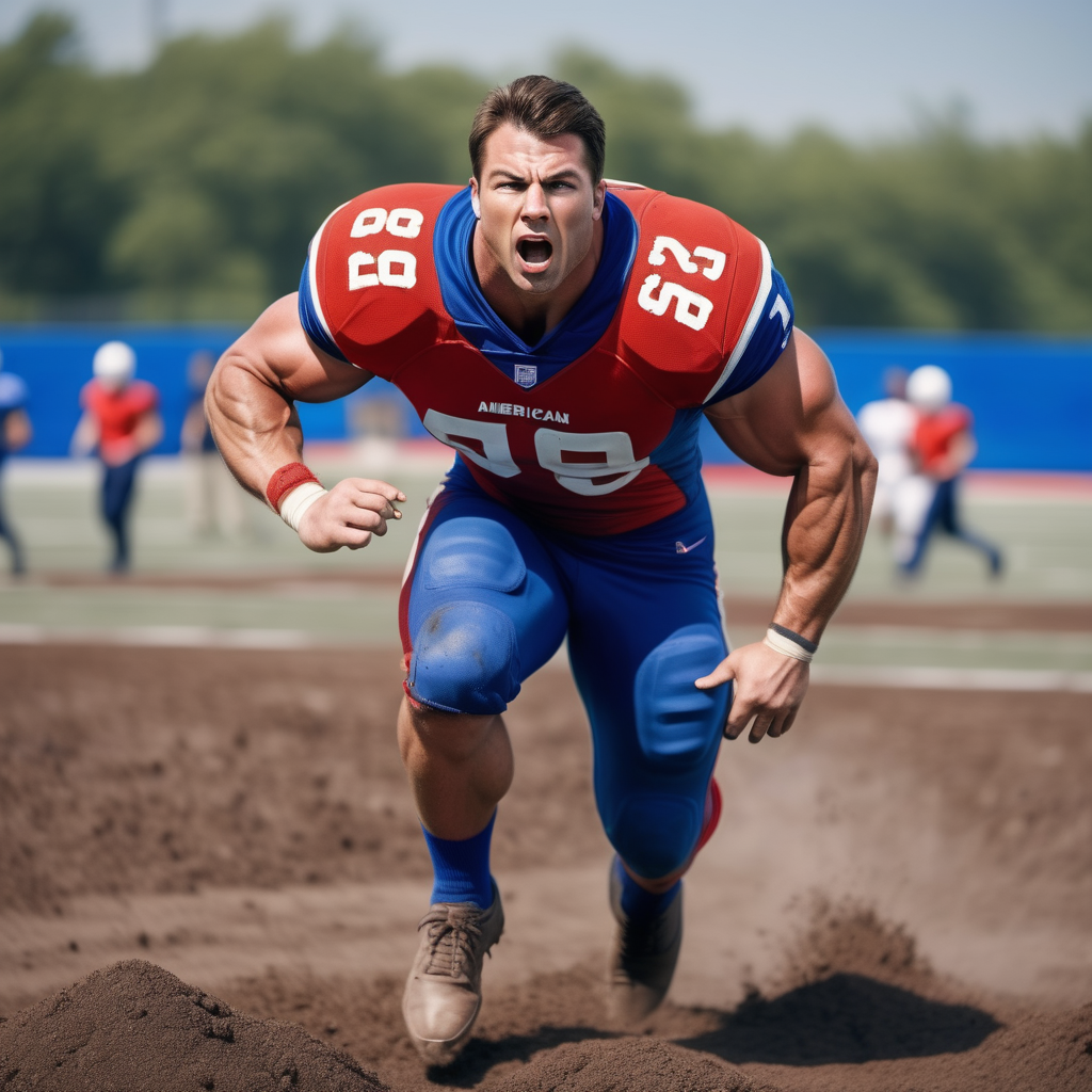 very muscular man, brown hair, American football player, blue white red, American football uniform, dirt mound, running, lifting dirt, American football field, day