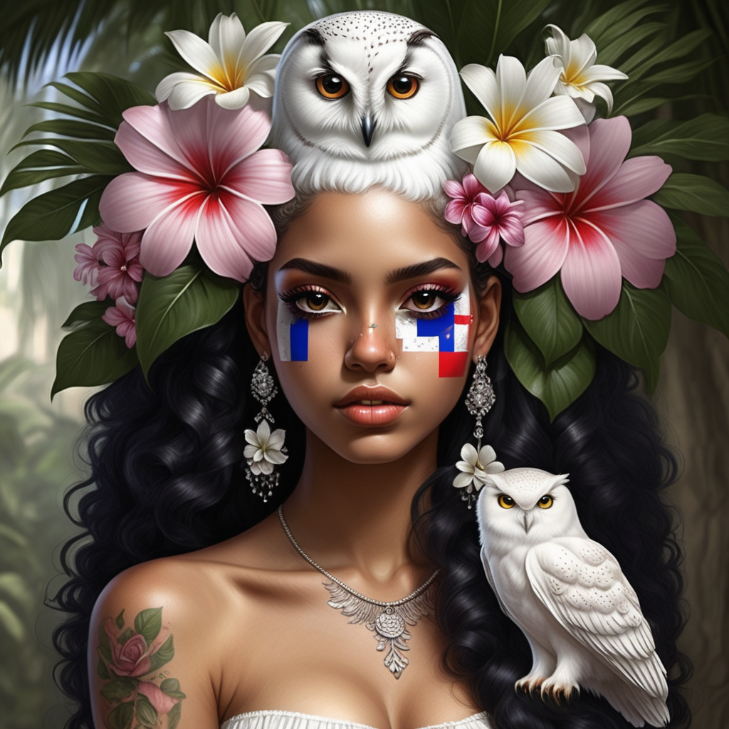  Exotic Dominican women there are  floating crystal balls in the air
 she has the Dominican flag 
 white owl she has soft tattoos and soft color flowers  in her hair the color of the flowers melt into her hair

Dominican flag
