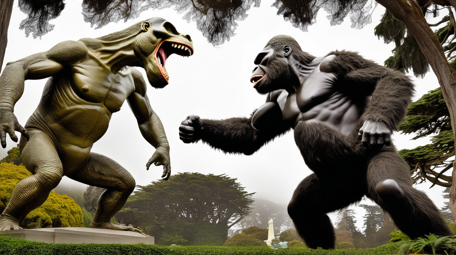 King Kong fighting a giant lizzard in Golden Gate Park