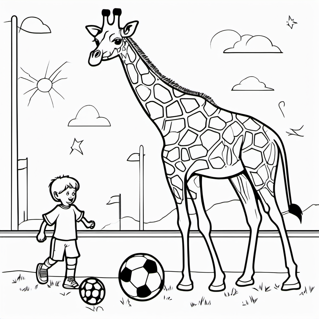 /imagine colouring page for kids, Giraffe playing football, Thick Lines, low details, no shading --ar 9:11