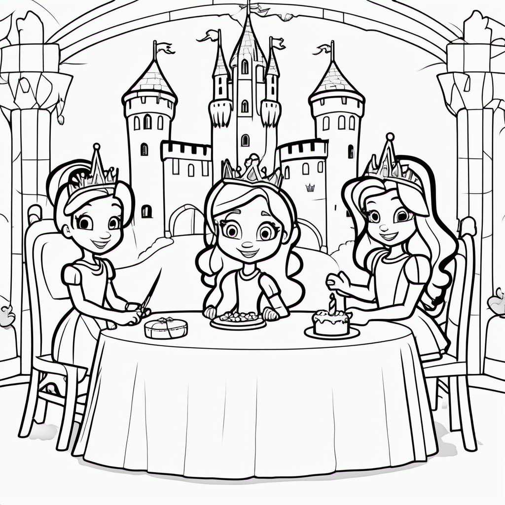 coloring pages for young kids, 3 princess friends sitting at a table for a  birthday inside a castle,cartoon style, thick lines, low detail, no shading  --ar 9:11