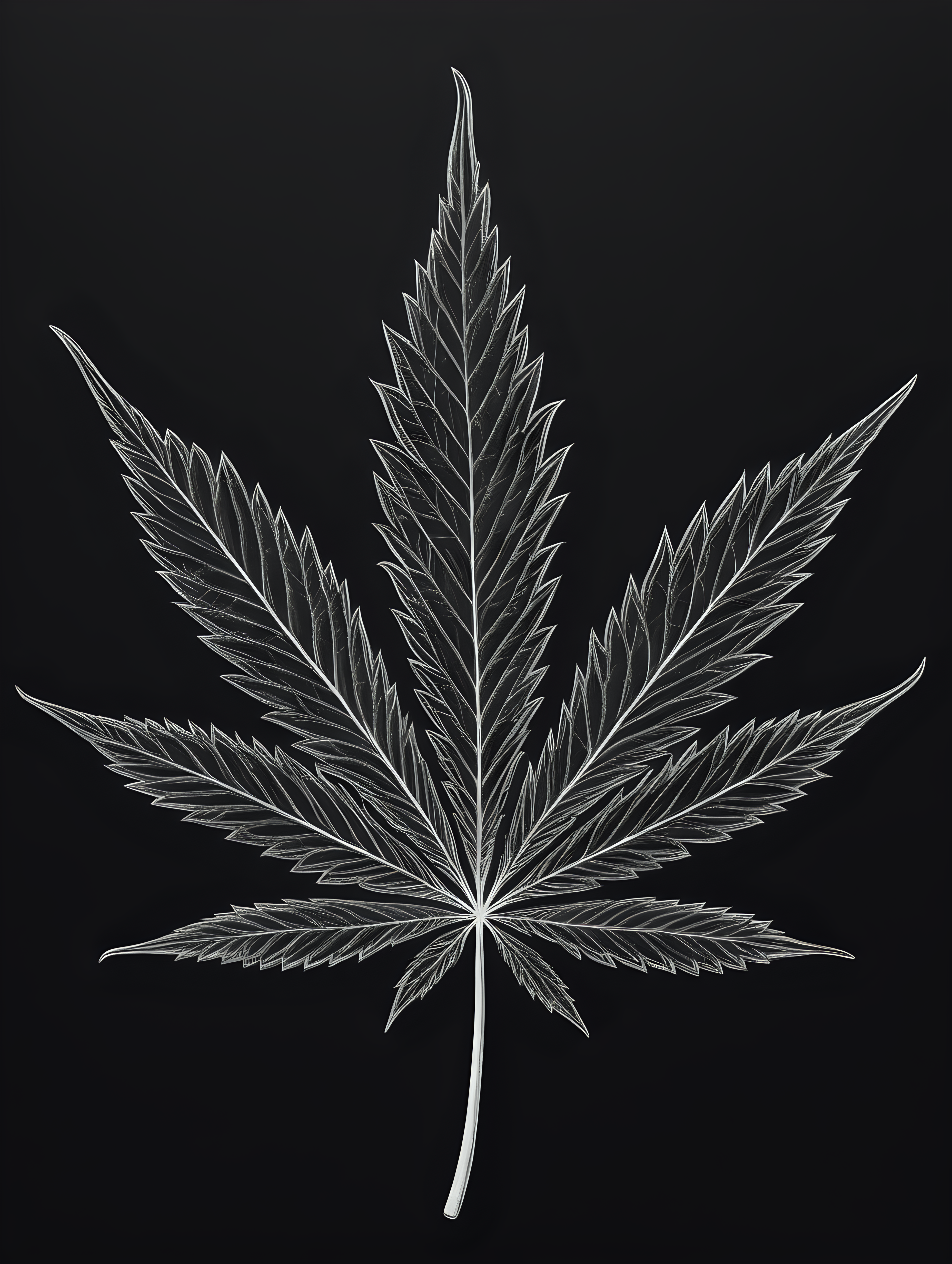 photo-realistic symmetrical drawing of cannabis leaf. white pencil on black-textured-paper.