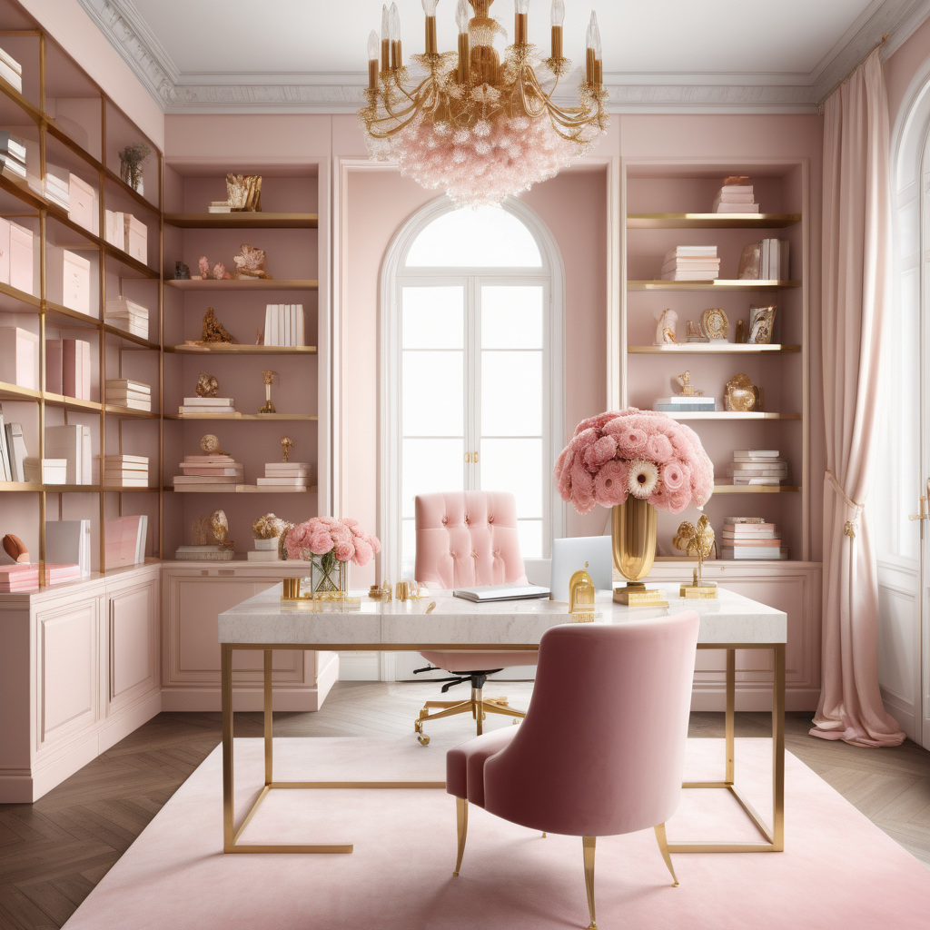 hyperrealistic image of an elegant modern Parisian home office interior with floor to ceiling brass shelves  full of trinkets and books, a bouquet of crysanthemum, a crystal chandelier, a pink velvet desk chair with brass legs at a white and brass desk, a statement piece of art, in a beige, dusty pink and brass colour palette