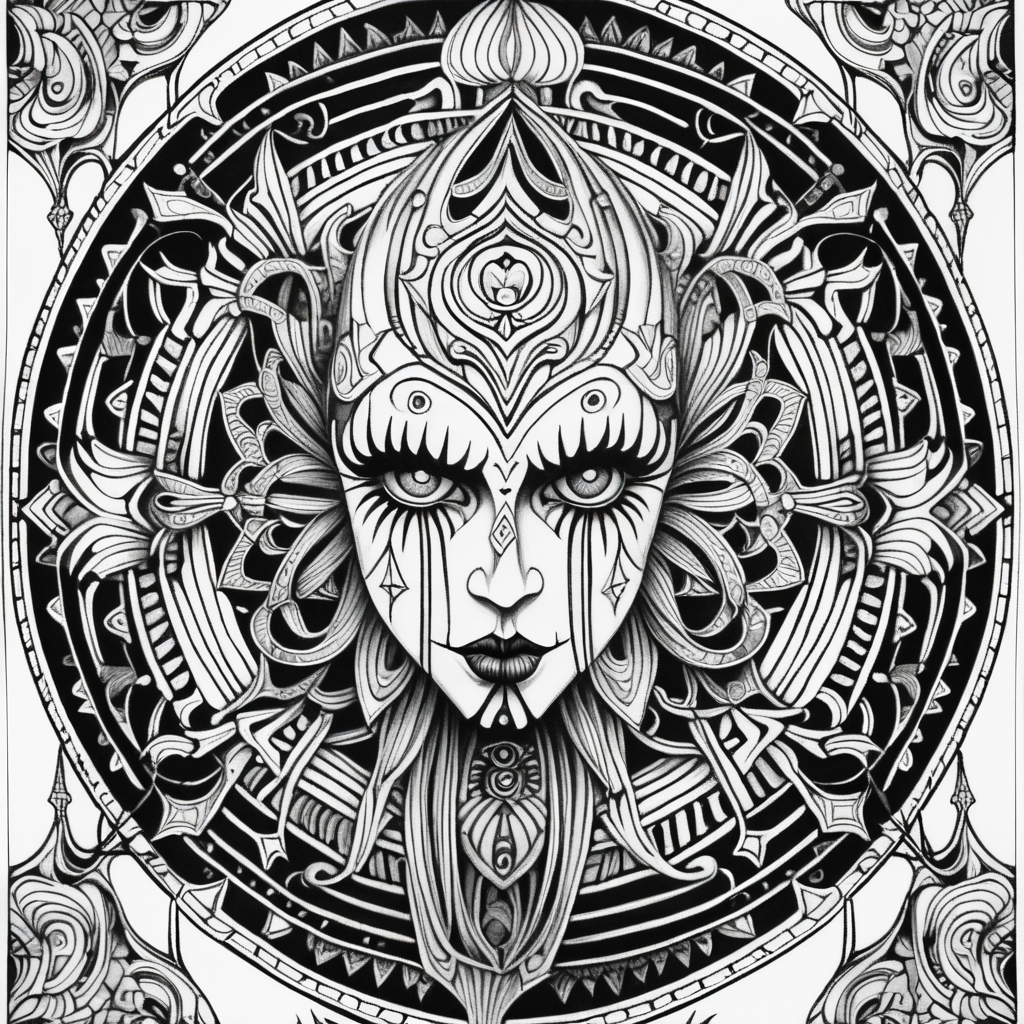 adult coloring page, black & white, strong lines, high details, symmetrical mandala, evil gothic marionette