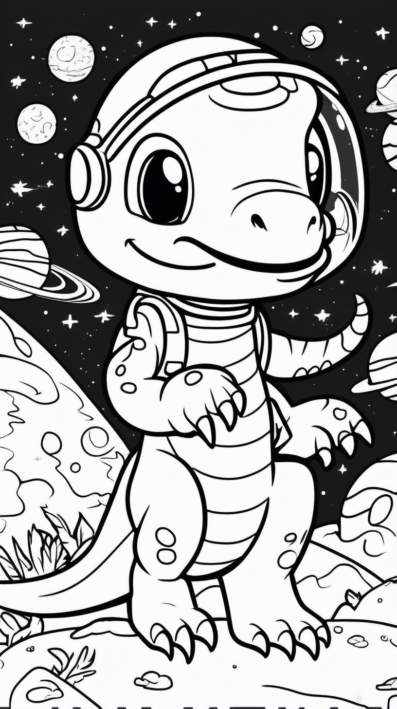 children's coloring book about a dinosaur in spacl with cut  girl background white and cartoon style line draw black  no shadow 