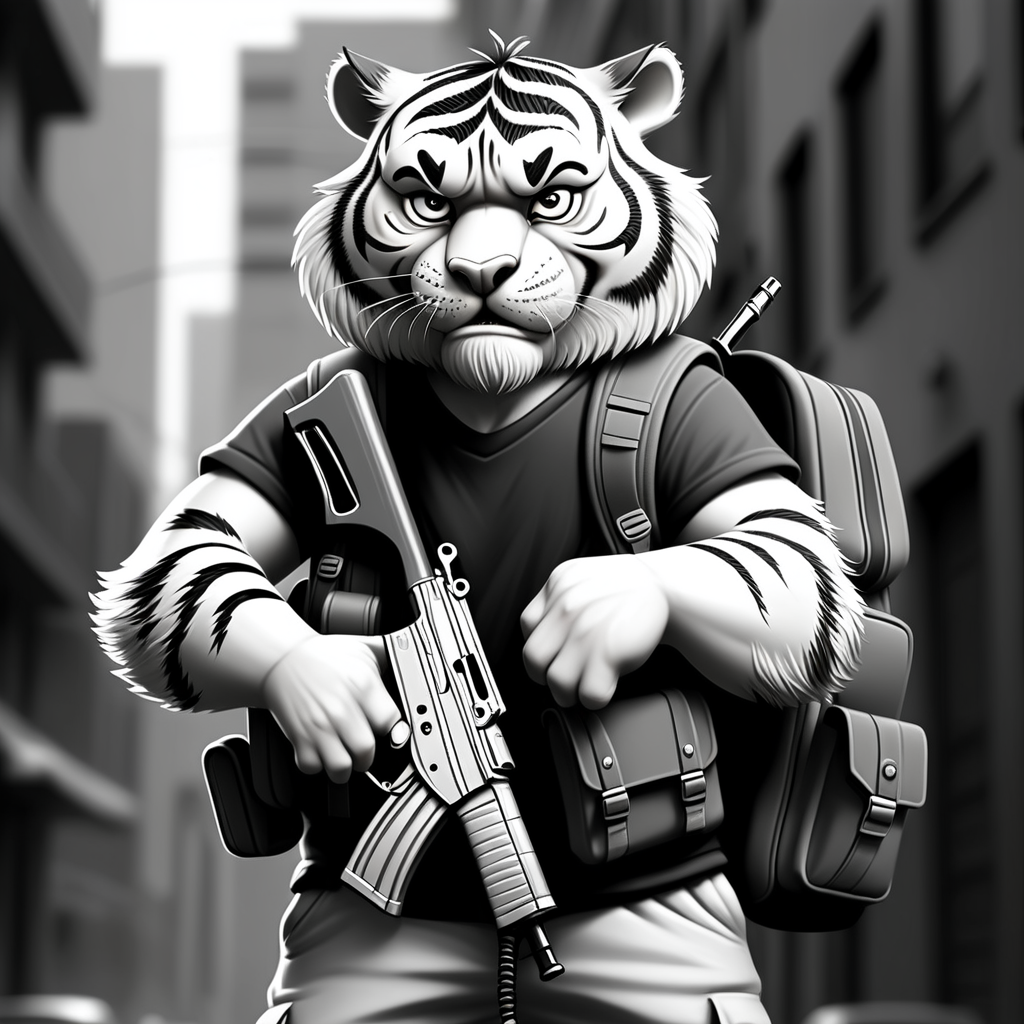 draw a street gangster siberian tiger wearing a backpack while holding an ak 47 in black and white