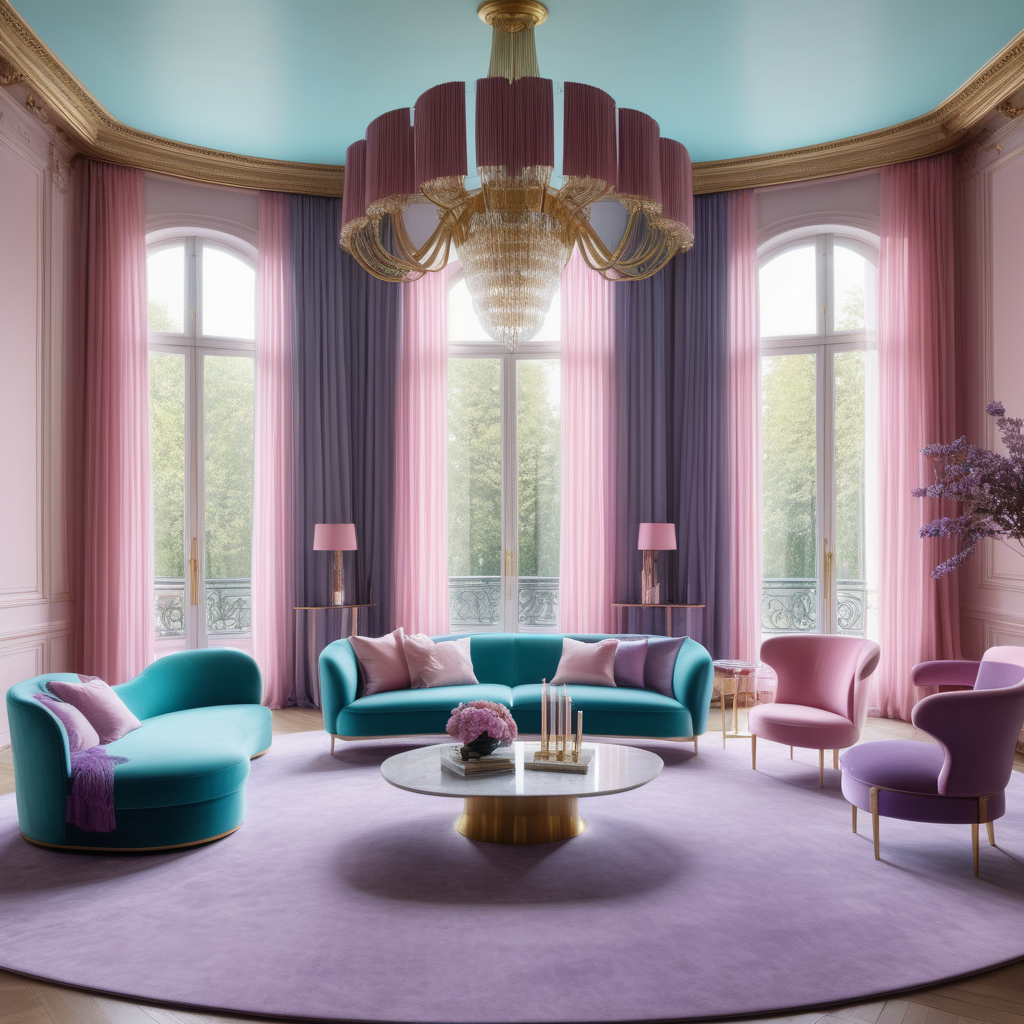 hyperrealistic image of large modern Parisian living room, floor to ceiling windows, curves, cyan, pink, lilac and brass colour palette, brass chandelier, sheer curtains