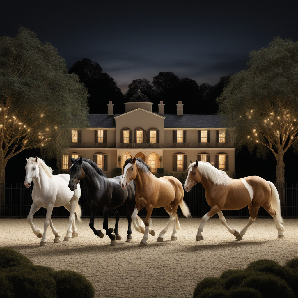 a hyperrealistic of a horse trotting arena with 3 palamino clydesdale horses at night with mood lighting, fully fenced with black wrought iron, manicured gardens , in a beige oak brass and black colour palette 
