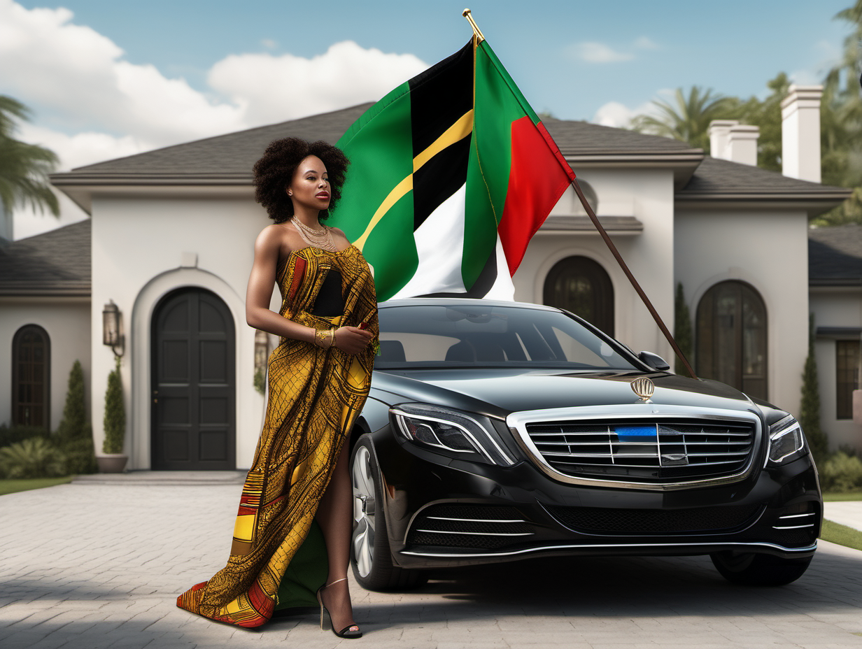 a realistic image of a black American biracial  large female  going to a luxury car and a luxury home wearing african clothes and holding a burundi flag