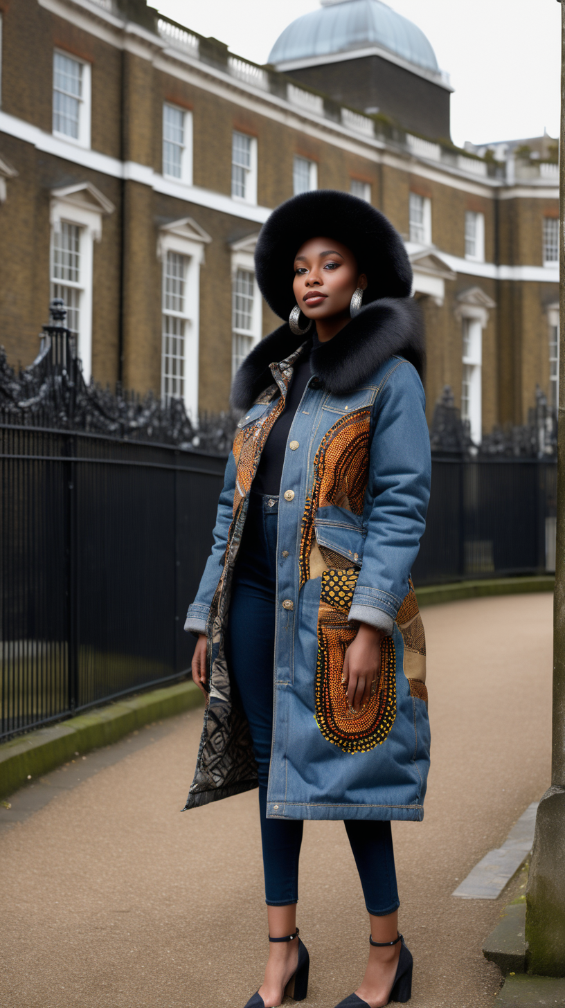 A beautiful black woman wearing an African printed Fedora, wearing a Levi denim jacket reimagined into a three quarter length, down filled parka, with black fur shawk collar, African printed fabric inserted in various places, show Front, Back, and Side views with stainless buttons, standing at the Palace gates in London, with grey and blue shades and hues in the background