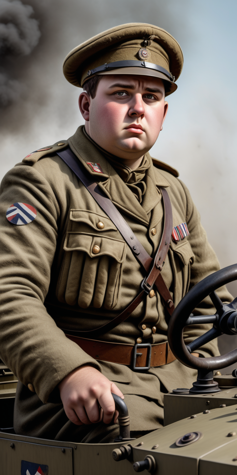Realistic overweight brownhaired WW1 soldier driving a tank