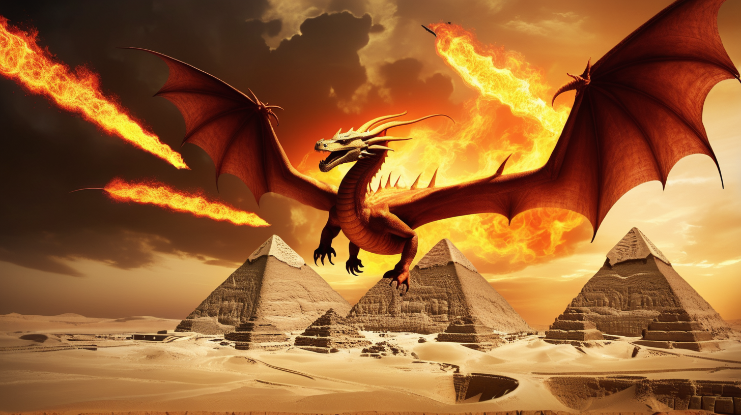 Fire breathing dragons hovering over ancient Egypt